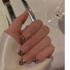SINHOT Medium Press on Nails Round Fake Nails Beige and Black Leopard Print Oval Glue on False Nails Full Cover Clip on Nails 24pcs