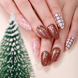 6 Sheets Christmas Nail Wraps Full Stickers Nail Polish Strips, Cute Grid DIY Self-Adhesive Glitter Nail Art Decals Snowflake Xmas Tree Red Green Party Decor with 1 Pcs Nail Files (128 Pieces)