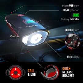 Bike Lights Set with Horn 1400LM USB Rechargeable Bicycle Headlight & Tail Light & Horn Waterproof 3 Lighting Modes Fits Bicycles for Road and Mountain (Garnet)