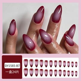Medium Press on Nails Almond Fake Nails Ombre Glue on Nails Red & Purple Full Cover Nails Press ons Glossy Sipmle Artificial Nails Reusable Stick on Nails for Women 24 Pcs