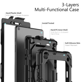 navor Compatible with Galaxy Tab A 8.0 (2019), Built in Screen Protector, Shockproof Heavy Duty Protective Rugged Cover with Shoulder Strap, Hand Strap, Pencil Holder [Black]