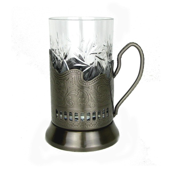WORLD GIFTS 1 Russian Crystal Hot Tea Glass 8.5 Oz & 1 Metal Glass Holder Podstakannik