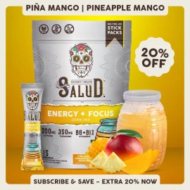 2-in-1 Energy & Focus Drink Mix – Piña Mango, Clean Energy 200mg Caffeine, L-Theanine 350mg, B6 & B12, Low Calorie, 1g Sugar, 15 Servings