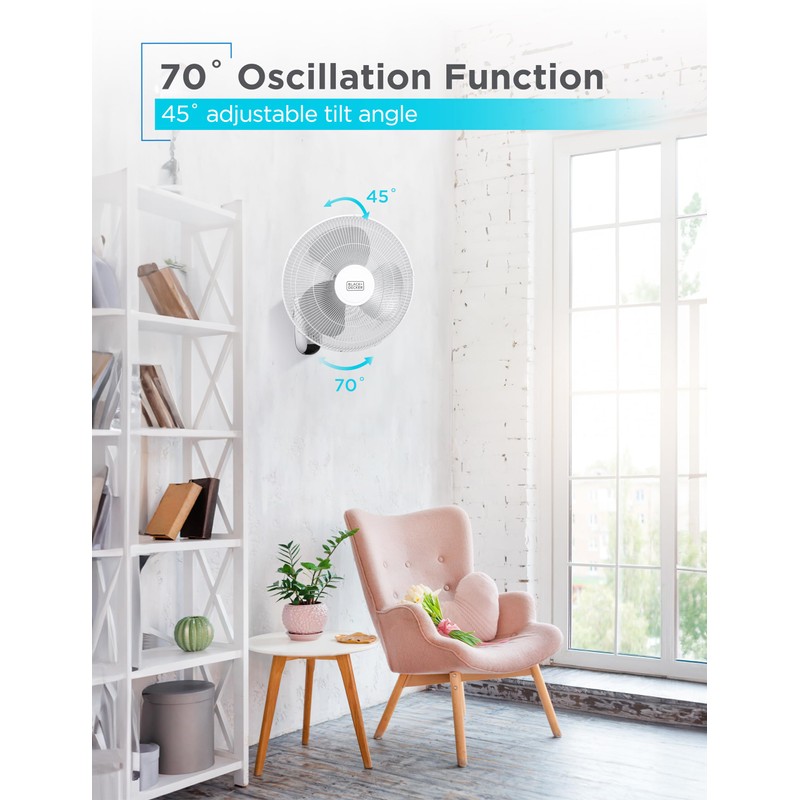 BLACK+DECKER 16" Wall Mount Fan With Remote Control, Oscillating With