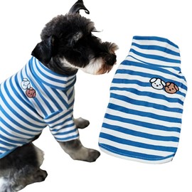 Cute Doggie Embroidery Dog Shirt Turtleneck Dog Sweater Stretchy Pet Cotton Striped T-Shirt Puppy Pullover for Dogs Cats (Medium, Blue Striped)