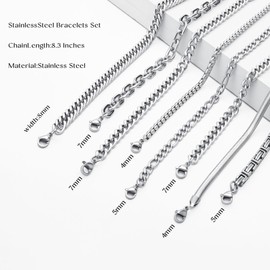 8 Pcs Stainless Steel Bracelets for Men Cuban Link Bracelet Set