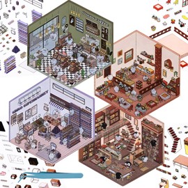 4Pcs 3D Fun Mini House Stickers with Tweezers Make Your Own Mini Coffee Shop Bookstore Restaurant Supermarket Scenes Stickers Cute Mini Room Craft Scrapbook Stickers for Relief Stress Pass The Time