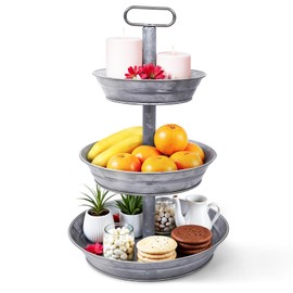 Plexon 3 Tiered Tray Stand, Metal Tiered Serving Tray with Slanted Sides, Round Seafood Tower, Centerpiece Three Tiered Serving Stand, Galvanized Steel Trays, Silver Farmhouse 3 Tier Stand for Fruit