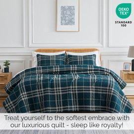 Southshore Fine Living, Inc. Oversized King Quilt, Fall Bedding Set, 3-Piece, King Size Plaid Quilt with 2 Shams, Microfiber Bedspread King or California King Coverlet Set, Blue Plaid