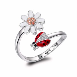 oGoodsunj Sterling Silver Ladybug Ring for Women: Cute Daisy Bug Toe Rings Jewelry Birthday Gifts for Daughter (Ladybug Daisy Ring 4#)