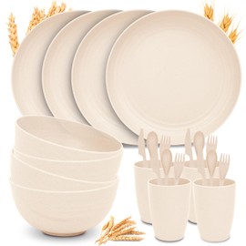 Wheat Straw Dinnerware Sets for 4 - GreenChoice Lightweight & Unbreakable Dishes Microwave & Dishwasher Safe Perfect for Camping, Picnic, RV, Dorm Plates, Cups and Bowls (Beige)