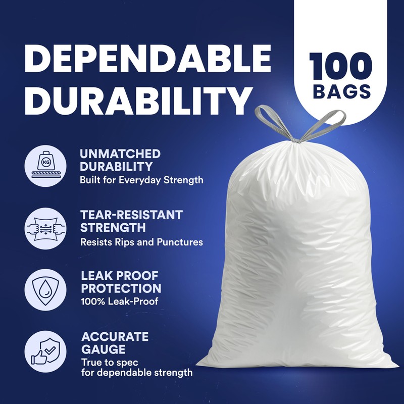 Plasticplace 13 Gallon Trash Bags 1.2 Mil White Drawstring Garbage