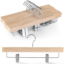 TOPIA HANGER Natural Unfinished Wood Pants Hangers, Wooden Skirt Hanger with Adjustable Clips, 360° Swivel Anti-Rust Hook, Smooth Finish Wood for Trousers 10 Pack-CT10PN