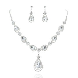 SP Sophia Collection Women's Elegant Crystal Teardrop Statement Necklace Dangle Earring Set in Silver