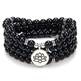 oasymala Chanting Mala Prayer Beads 108 Necklace Bracelet for Meditation with Tiny Lotus Flower Charm (Black Agate)