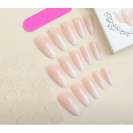 24pcs French Ombre Almond Press-on Nails, Medium Length Full Cover, Glossy Finish with Adhesive Tabs