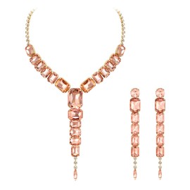 BriLove Women's Fashion Rhinestone Square Necklace Dangle Earrings Sparkly Crystal Geometric Statement Jewelry Set for Party Prom Peach Rose-Gold-Tone