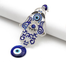 Zingtsing Turkish Evil Eye with Alloy Hamsa Hand Wall Hanging Decor, Hollow Out Fatima Hand Good Luck Nazar Amulet Charm Hanging Ornament for Home Balcony Office Bedroom Decor Car Charm