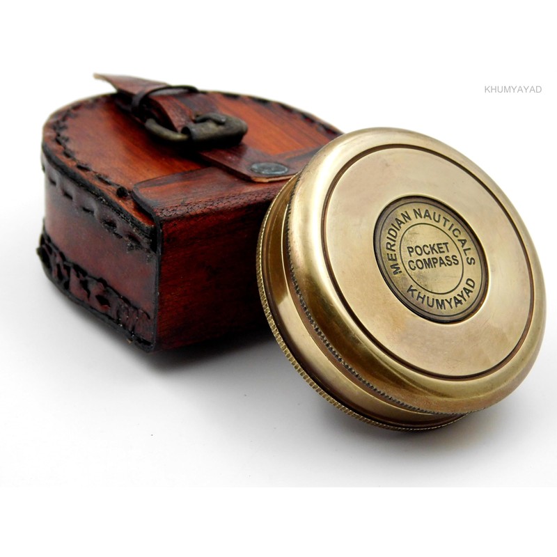 KHUMYAYAD Antique Brass Pocket Compass Handcrafted Full Functional with Leather