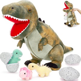 MorisMos Big Dinosaur Teddy Stuffed Animal, 58cm Cuddly Fluffy Mom with Babies Inside, Large Grey T-Rex Soft Toys Kawaii Dino Present for Kids Birthday Christmas Deco