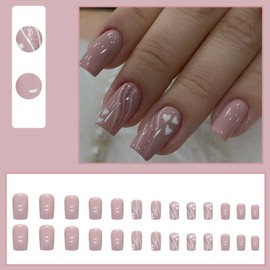 24pc Pink Glittery Swirl Stick-On False Nails | White Heart | Removable Glue-On | Acrylic Full Cover | Nail Art Accessories for Women