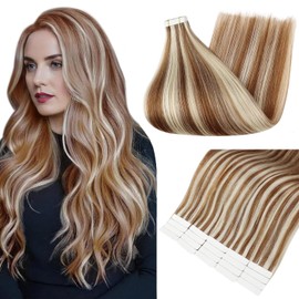 Full Shine Human Hair Extensions Tape in Color 330 Orange Highlight 800 Blonde Hair Extensions Tape in 20PCS Invisible Tape in Hair Extensions 50grams Extension Tape in 18 Inch Remy Hair Extension