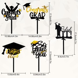 Whaline Decoración de graduación para tartas de graduación de acrílico negro y dorado para tartas con texto en inglés "Felicitaciones", 5 piezas de centro de mesa con diseño de palitos de mesa para fiestas de graduación y aperitivos, para suministros de 