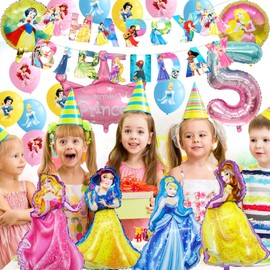 Luchild Ballons Princess Party Decorations Girls- Princess 5th Birthday Decorations 5 Years Old Princess Foil Balloons Age 5 Happy Birthday Banner for Kids Princess Theme Party Supplies Decorations