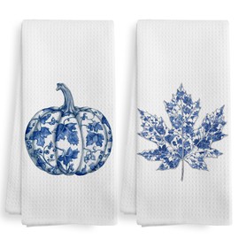 XNXLDYLH Fall Chinoiserie Pumpkin Kitchen Towels and Dishcloths Sets of 2, Autumn Blue and White Pumpkin Dish Hand Tea Towels for Bathroom Kitchen, Cottagecore Grandmillennial Home Decor, 16x24 Inch