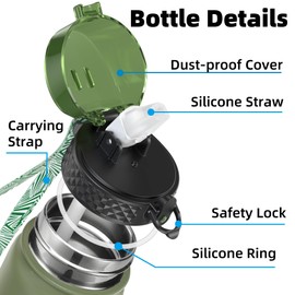 OLDLEY Stainless Steel Water Bottle with Straw 1L Vaccum Insulated Large Drink Flask Metal Water Bottles 1 Litre Leakproof Keep Drinks Hot Cold for Camping Sports Gym Adult Women Men(Olive, 1 Lid)