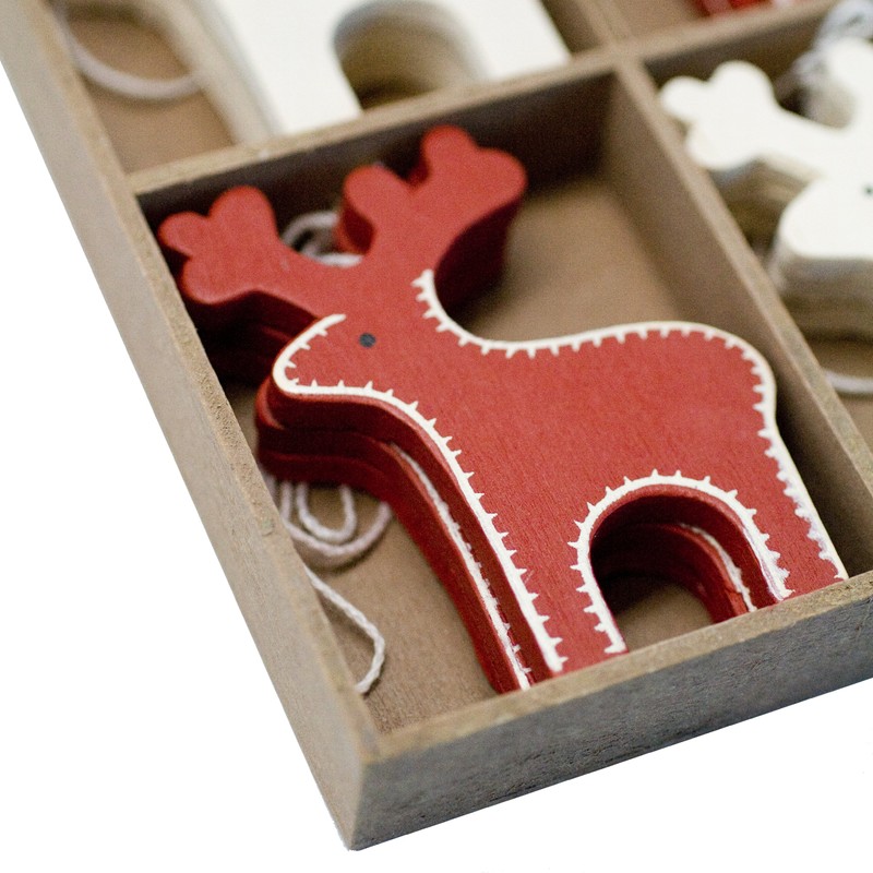 Set of 12 Red & Cream Reindeer Christmas Tree Decorations