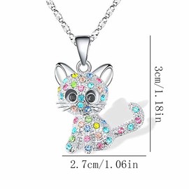 Cat Necklace for Woman Silver Rhinestone Stainless Steel Chain Charm Necklaces Friendship Dainty Cute for Girls Statement Cubic Zirconia Pendant Sister Colorful Necklaces Jewelry Gifts (Colorful)