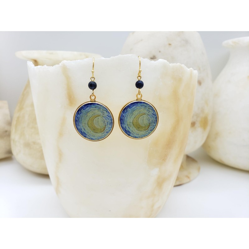 Van Gogh Starry Night Inspired Earrings - Gold Finish with