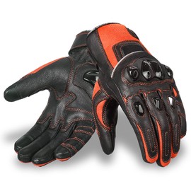 Oro Biker Motorbike Gloves Goatskin Leather and Breathable Air Mesh Hard Knuckle Touch Screen Gloves Motorcycle Gloves ATV Riding Full Finger Gloves (Black/Fluorescent Orange, Medium)