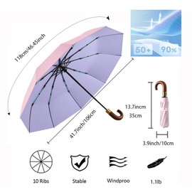 Luxurious Travel Folding Umbrella for Men Automatic Open/Close Crook Real Wooden J Handle Coating Layer Fabric Blocking/Portable Golf/Car Backpack/Rain Sun Anti UPF 50 UV Protection 99.9%