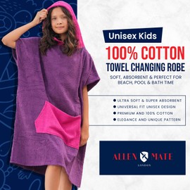 ALLEN & MATE 100% COTTON Kids Beach Poncho Towel - Quick Dry Swim Changing Robe with Hood & Pocket for Boys & Girls