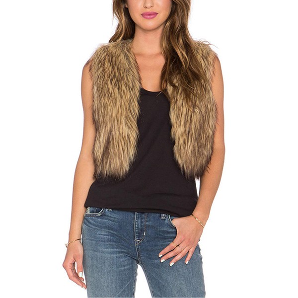 Tanming Women's Sleeveless Open Front Fluffy Short Faux Fur Vests