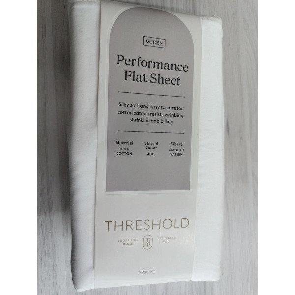 Threshold Performance Flat Sheet Queen White Cotton Sateen,
