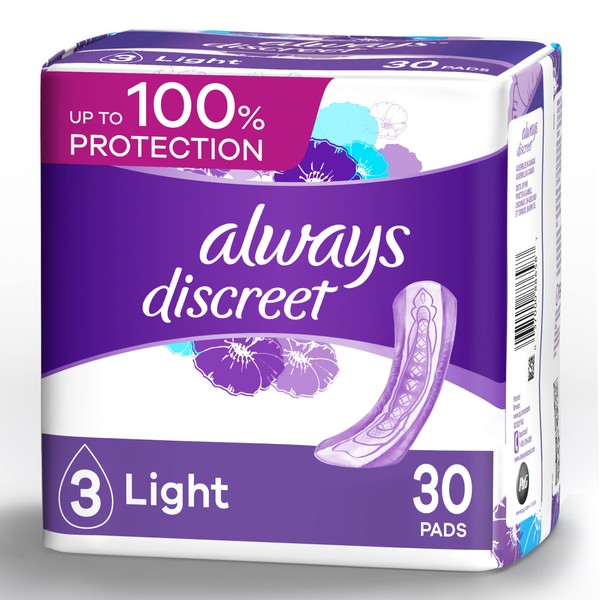 Always Discreet, Incontinence & Postpartum Liners For Women, Size 3, Light Absorbency, Regular Length, 30 Count