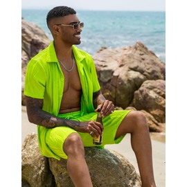 URRU Men Summer Outfits 2 Piece Short Sets Short Sleeve Casual Button Down Fashion Beach Set Fluorescent Green XL
