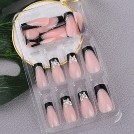 Black French Tip Press on Nails Long Coffin Fake Nails With Butterfly Charms Square Black False Nails 3D Silver Butterflies Rhinestones Glitter Nail Tip Design Acrylic Glue on Nails for Women Girls