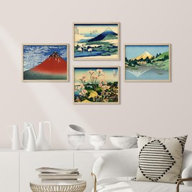 SIGNWIN Framed Poster Japanese Ukiyo-e Art Prints Traditional Hokusai Landscapes Illustrations Fine Art Decorative Vintage for Living Room, Bedroom, Office - 8"x10"x 4 Natural