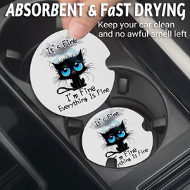 Car Coasters for Cup Holders，Car Cup Holder Coasters, 2 Pack Cup Holder Coasters for Car, Anti Slip Rubber Car Cup Mat with A Finger Notch, Cute Car Interior Accessories for Women Men 2.75" Balck Cat