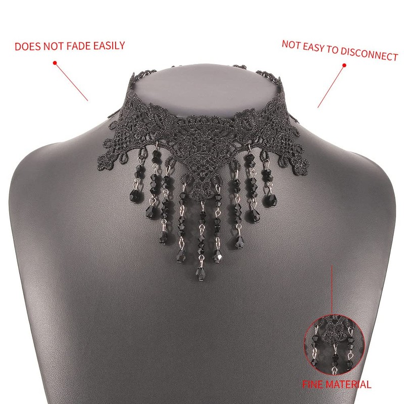 Asphire Gothic Lace Choker Necklace Black Crystal Tassel Collar Necklace