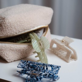 Claide Teddy Plush Cosmetic Bags in Beige, Pink, Brown and Black, beige, Teddy plush fabric cosmetic bag