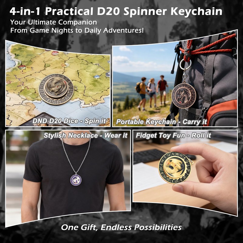 Haxtec D20 Spinner Dice with Keychain & Necklace Gifts for