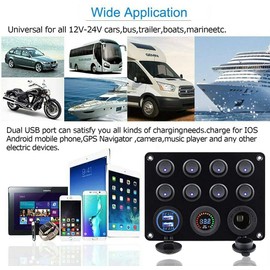 Riloer Panel with 8 Rocker Switches 12-24 V with Dual USB Connection, 12 V Digital Voltmeter, Socket - for Car, Boat and Truck
