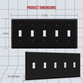 ENERLITES Five Gang Light Switch Wall Plate, Toggle Switch Plate, 5-Gang Standard Size 4.50" x 10.03", Unbreakable Polycarbonate Thermoplastic, 8815-BK, Black
