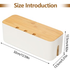 Cable Management Box, Larger Cable Tidy Box Cord Organizer Boxes with Bamboo Lid Cables Organised Boxes Includes Cables Ties Reusable Straps for Hiding Messy Wire Management