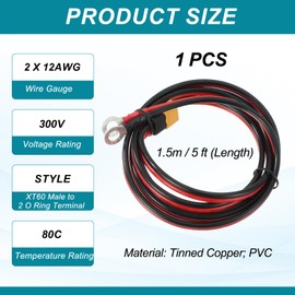 MECCANIXITY XT60 to O Ring Terminal Cable, 12AWG 5 ft Tinned Copper XT60 Male to 2 O Ring Connector Extension Cable UL2468 for RC Batteries, Portable Power Station
